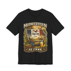 Slightly Salty Midwestern As F**K Iowa T-Shirt in Black – a distressed vintage design featuring the outline of Iowa overlaid with the Iowa state flag, surrounded by towering corn stalks, rolling farmland, a classic red barn, a windmill, a tractor, and an overflowing harvest basket