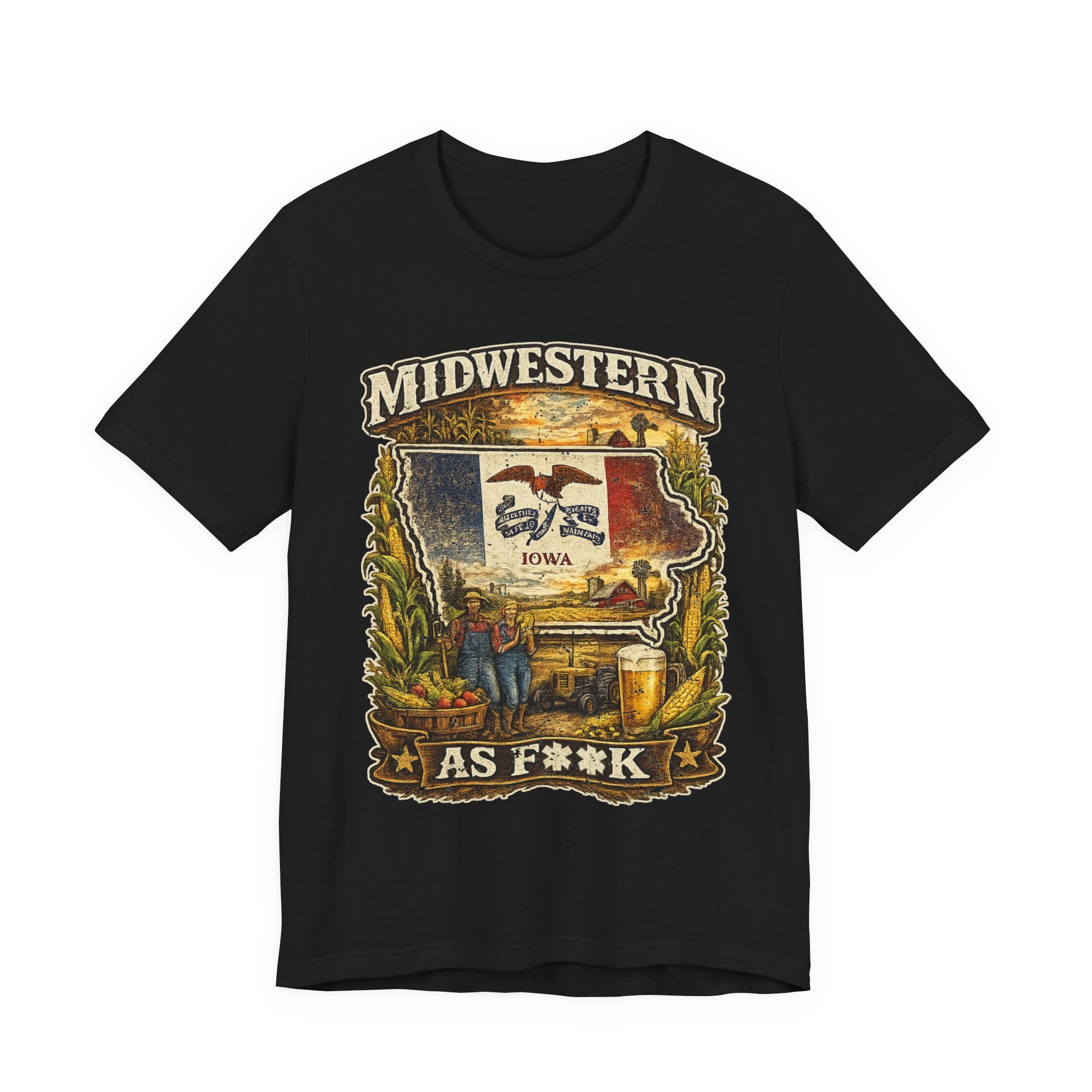 Slightly Salty Midwestern As F**K Iowa T-Shirt in Black – a distressed vintage design featuring the outline of Iowa overlaid with the Iowa state flag, surrounded by towering corn stalks, rolling farmland, a classic red barn, a windmill, a tractor, and an overflowing harvest basket