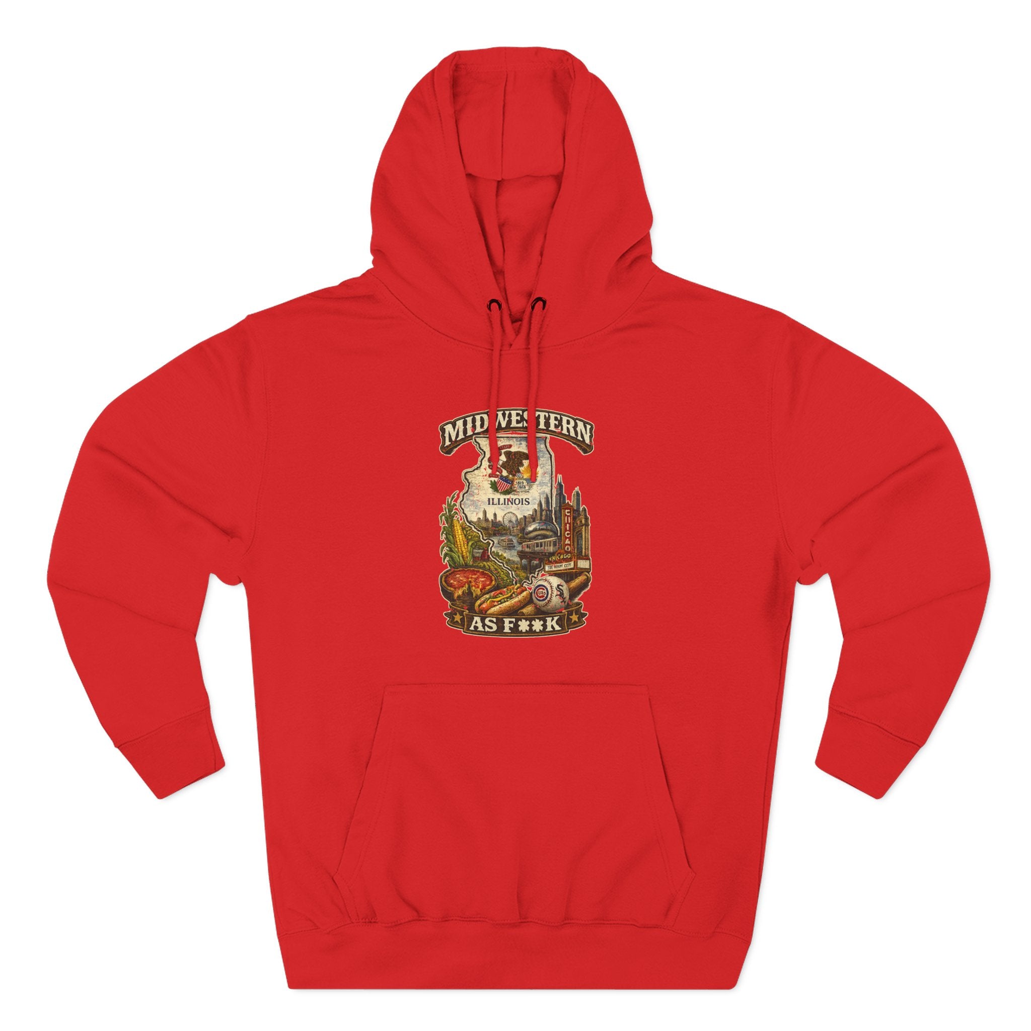 Slightly Salty Midwestern As F**K Illinois Hoodie in Red – a distressed vintage design featuring the Illinois state outline overlaid with the state flag, surrounded by the Chicago skyline, the Chicago Theatre sign, The Bean, deep-dish pizza, a Chicago-style hot dog, and towering corn fields