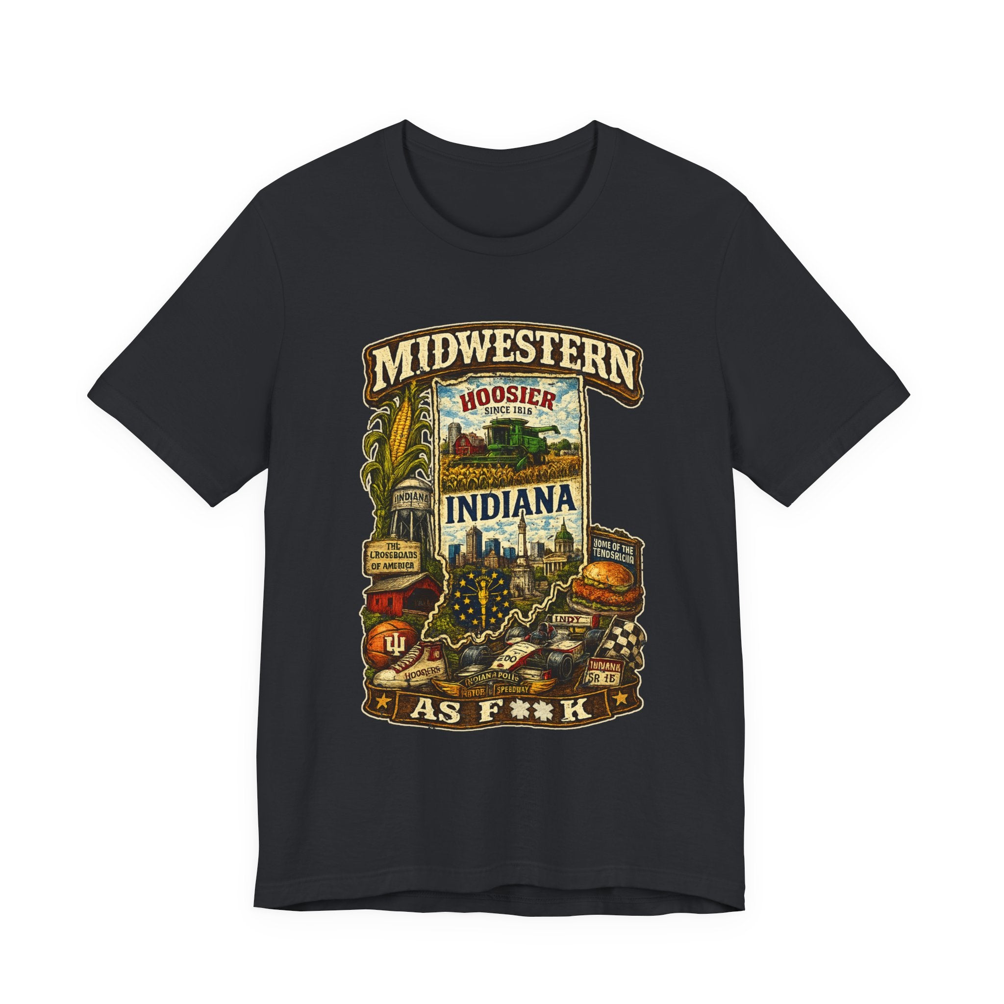 Vintage Black Midwestern As F**K Indiana T-Shirt, slightly salty Hoosier State pride tee