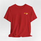 Army veteran T-shirt in Red shown draped with a personalized Army chest print in gold