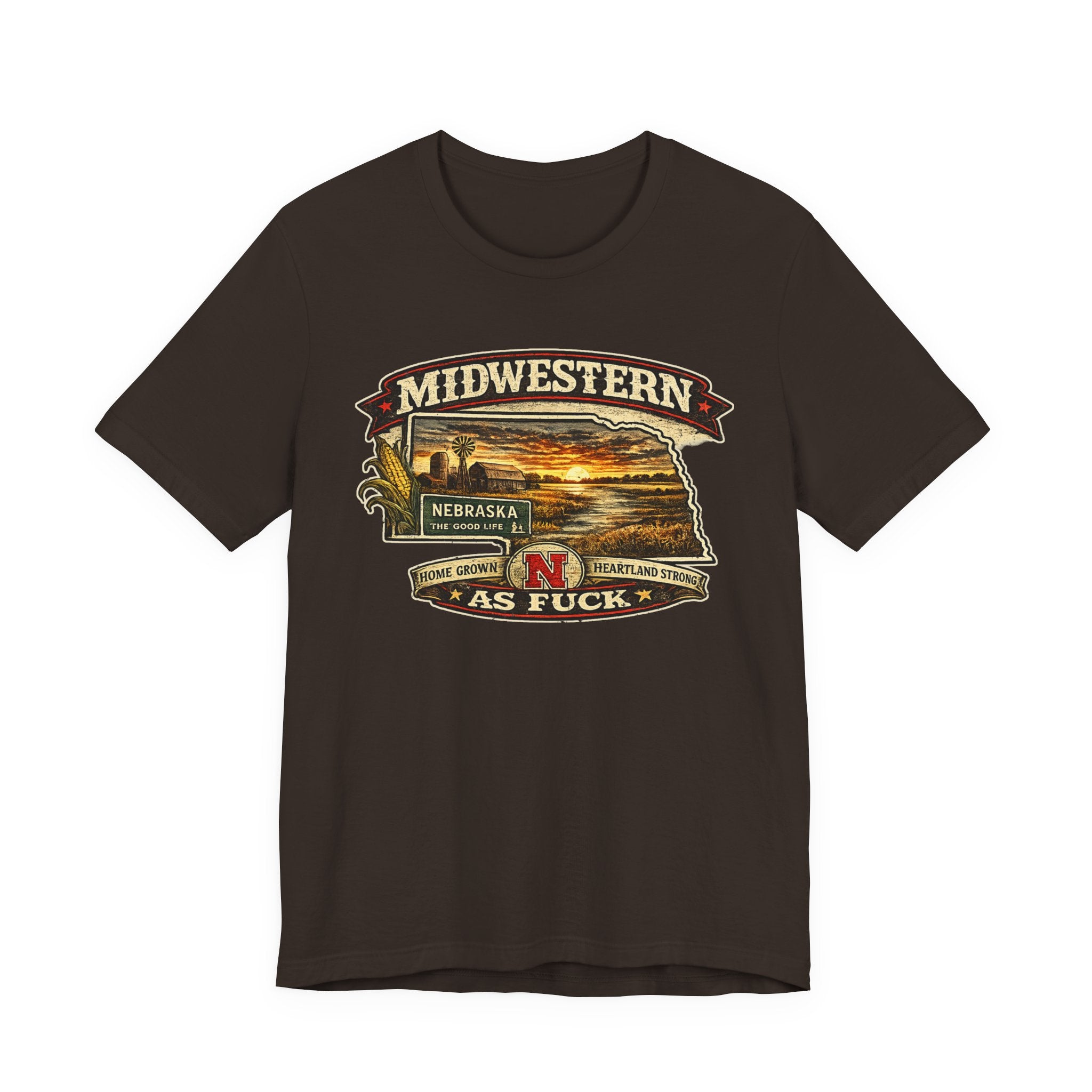 Brown Nebraska As Fuck T-shirt laid flat with the uncensored Midwestern banner print