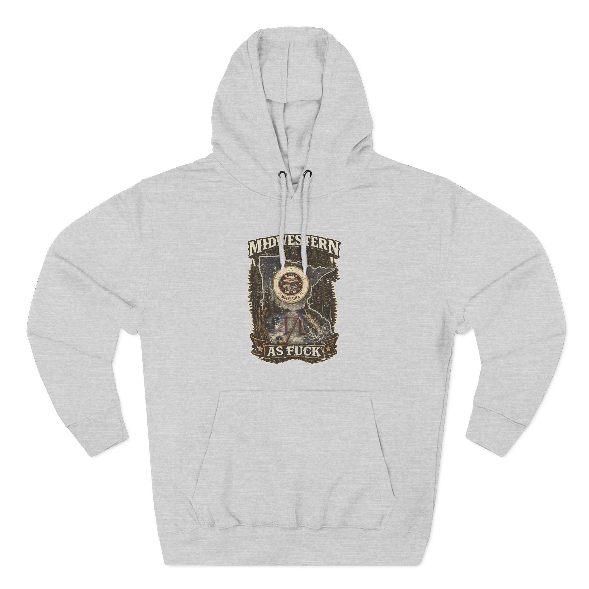 No Filter Midwestern As Fuck Minnesota Hoodie in Heather Grey – distressed Minnesota state flag design with pine trees, loon and walleye