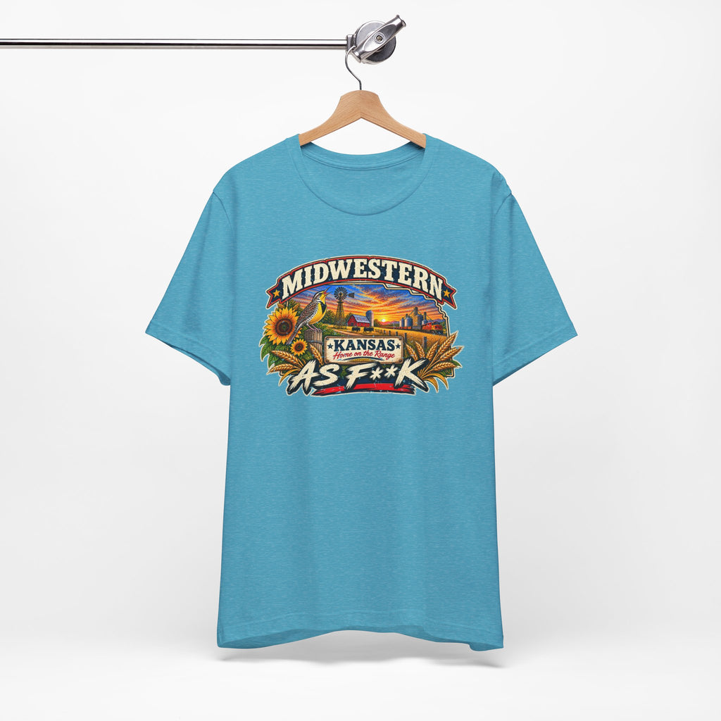 Heather aqua Kansas As F**K T-shirt on a wooden hanger
