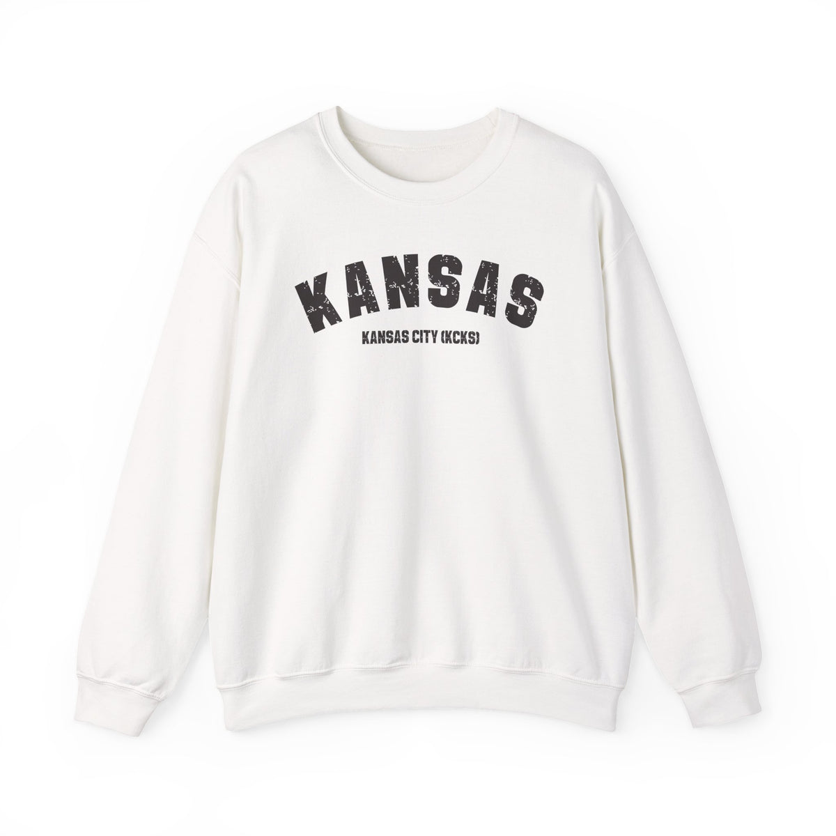 Personalized Kansas sweatshirt in white, laid flat, distressed varsity KANSAS over a custom KANSAS CITY (KCKS) line