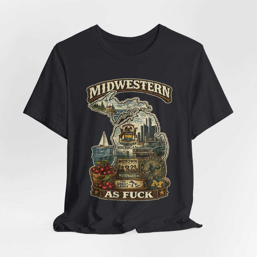 Midwestern As Fuck Michigan T-Shirt – product photo 28 featuring a distressed vintage design featuring Michigan's Upper and Lower Peninsulas overlaid with the state outline, surrounded by Detroit's skyline, Woodward Avenue, the Great Lakes, and Traverse City cherries