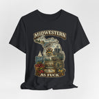 Midwestern As Fuck Michigan T-Shirt – product photo 28 featuring a distressed vintage design featuring Michigan's Upper and Lower Peninsulas overlaid with the state outline, surrounded by Detroit's skyline, Woodward Avenue, the Great Lakes, and Traverse City cherries