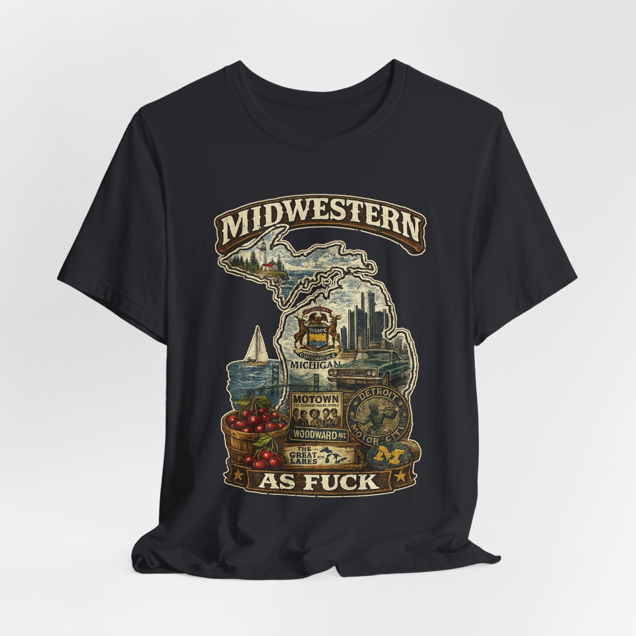 Midwestern As Fuck Michigan T-Shirt – product photo 28 featuring a distressed vintage design featuring Michigan's Upper and Lower Peninsulas overlaid with the state outline, surrounded by Detroit's skyline, Woodward Avenue, the Great Lakes, and Traverse City cherries