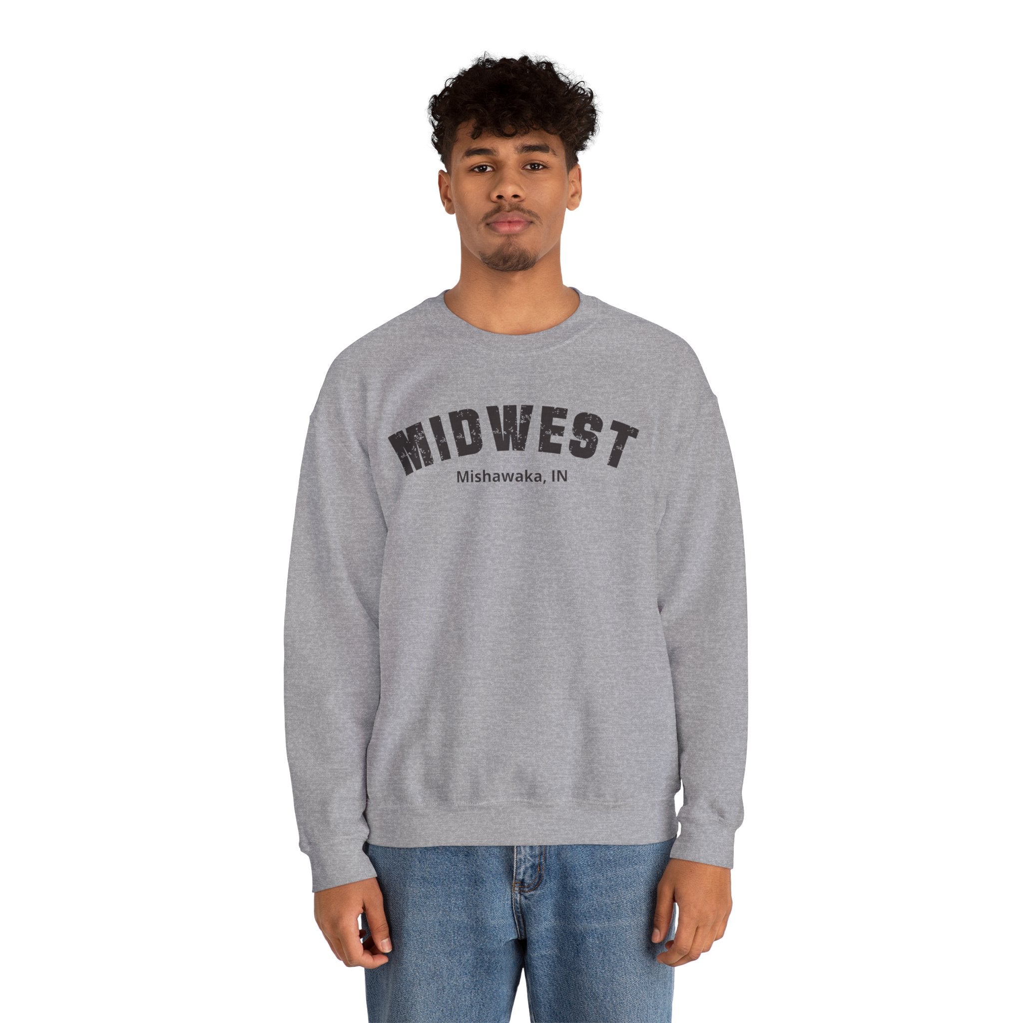 Young man standing in the Sport Grey personalized Midwest sweatshirt