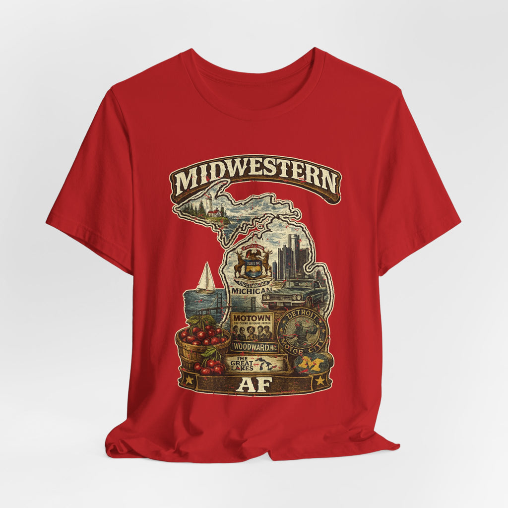 Family Friendly Midwestern AF Michigan T-Shirt – product photo 19 featuring a distressed vintage design featuring Michigan's Upper and Lower Peninsulas overlaid with the state outline, surrounded by Detroit's skyline, Woodward Avenue, the Great Lakes, and Traverse City cherries