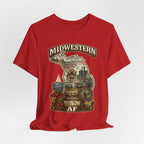 Family Friendly Midwestern AF Michigan T-Shirt – product photo 19 featuring a distressed vintage design featuring Michigan's Upper and Lower Peninsulas overlaid with the state outline, surrounded by Detroit's skyline, Woodward Avenue, the Great Lakes, and Traverse City cherries