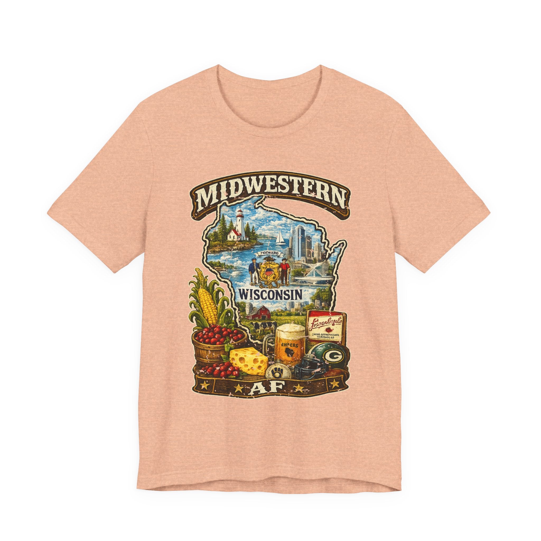 Heather Peach Midwestern AF Wisconsin T-Shirt, family friendly Cheesehead State pride tee