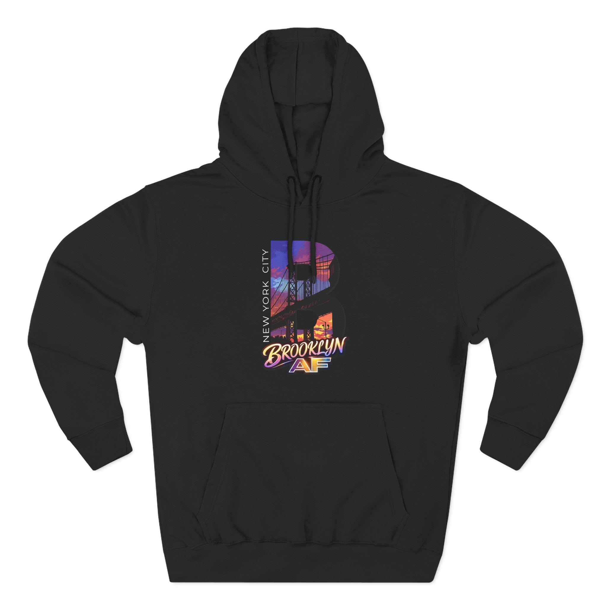Black hoodie, plain front flat lay, highlighting the oversized "B" with a Brooklyn Bridge sunset skyline design.