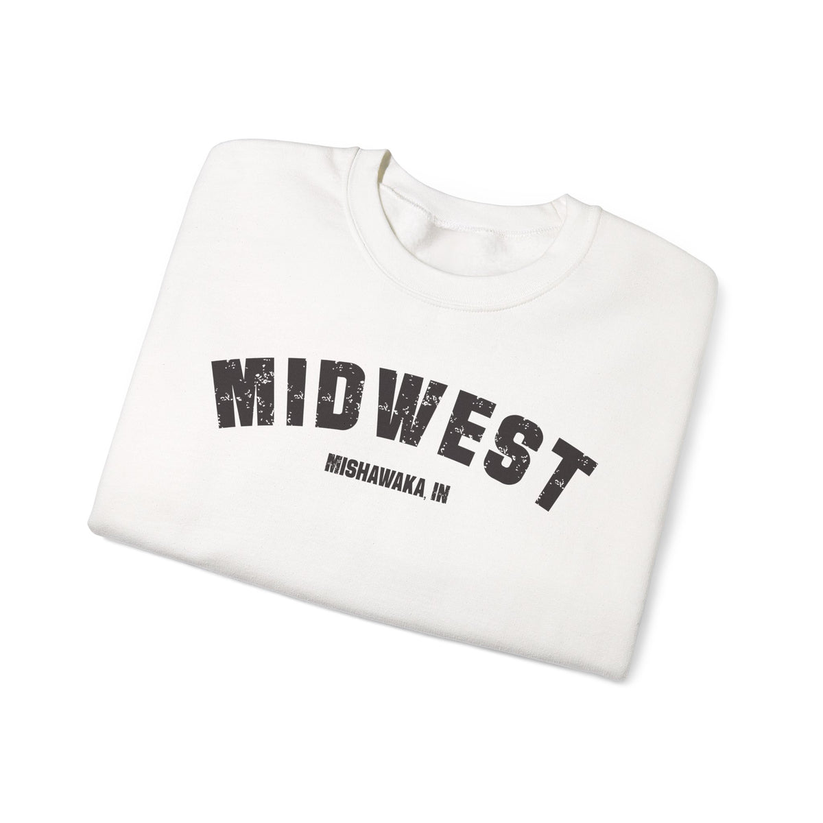 White personalized Midwest sweatshirt folded, charcoal varsity MIDWEST above a custom Mishawaka IN line