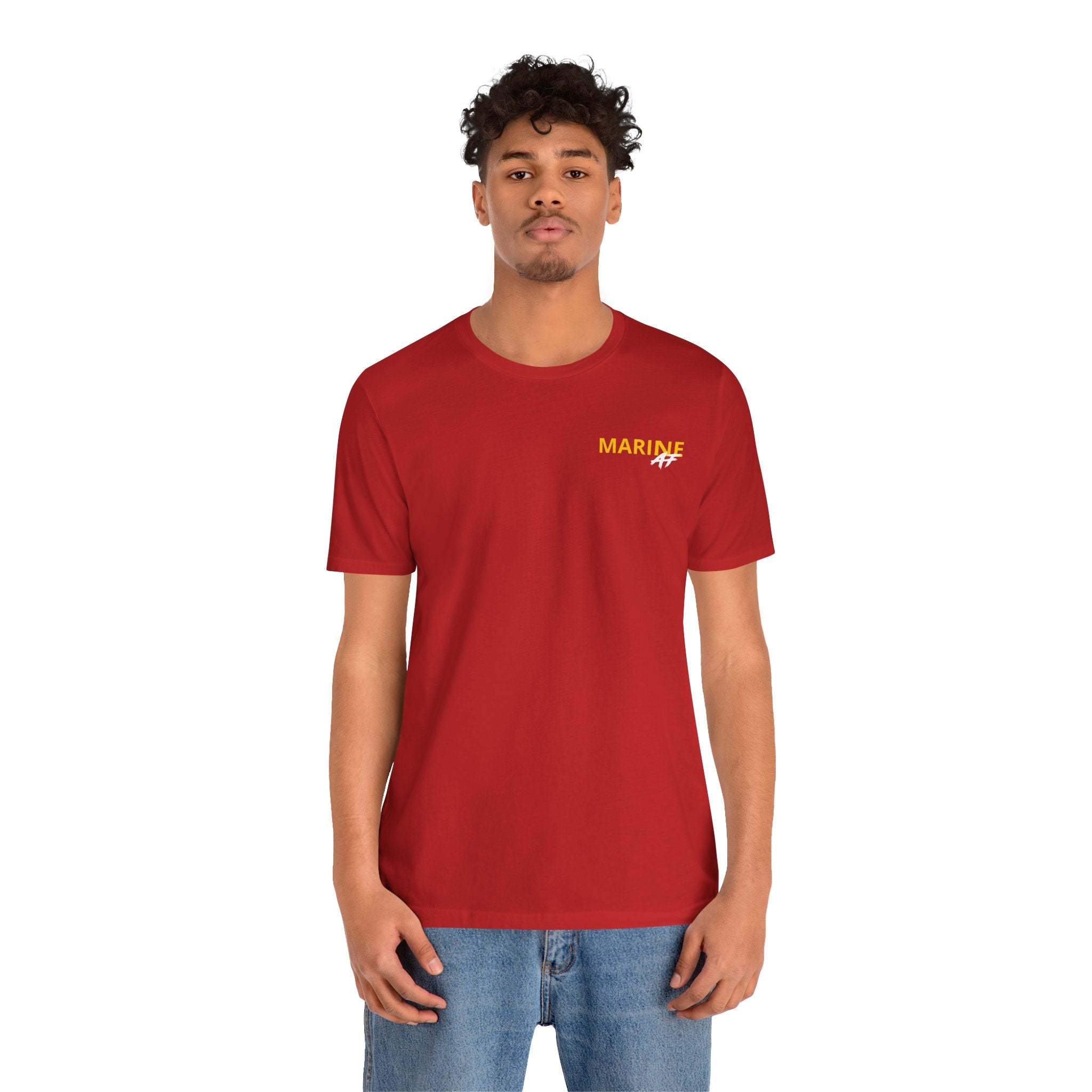 Man wearing the Marine Corps veteran T-shirt in Red with the personalized MARINE AF chest print