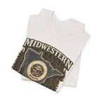 Family Friendly Midwestern AF Minnesota T-Shirt – product photo 3 featuring the distressed state flag, pine trees, loon and walleye design