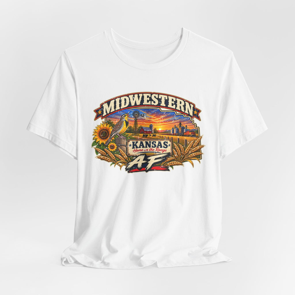 White Kansas AF T-shirt draped on grey, front graphic centred