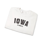 White personalized Iowa crewneck folded, showing the distressed IOWA arch and OTTUMWA IA line