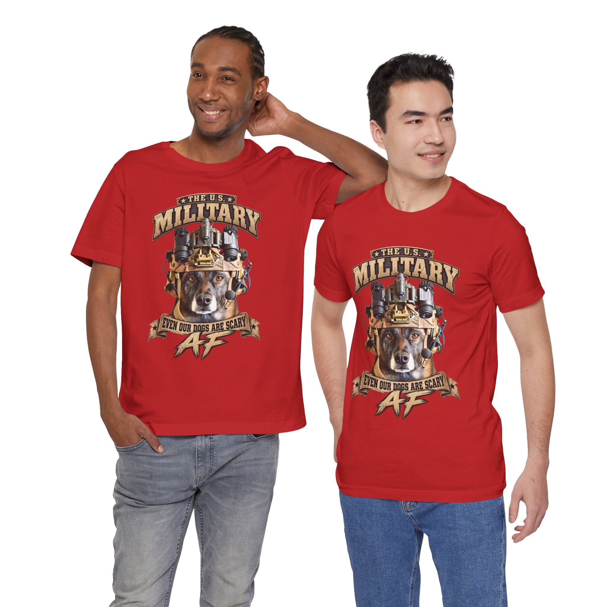 Two men wearing the Military K-9 T-shirt in Red, front view