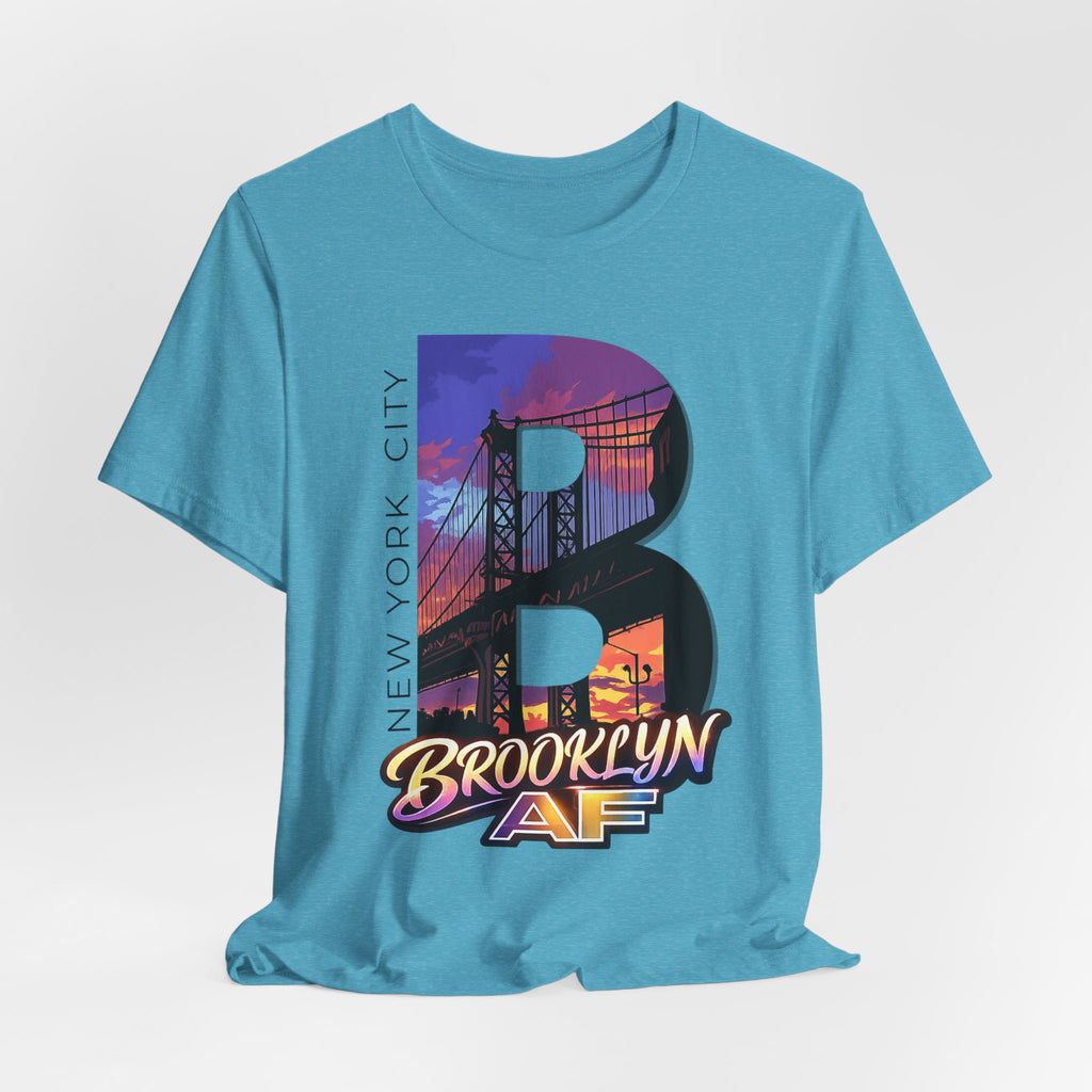 Heather Aqua tee, flat lay, front view, with the oversized "B" Brooklyn Bridge sunset skyline graphic and logo.