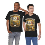 Family Friendly Midwestern AF Iowa T-Shirt – product photo 2 featuring a distressed vintage design featuring the outline of Iowa overlaid with the Iowa state flag, surrounded by towering corn stalks, rolling farmland, a classic red barn, a windmill, a tractor, and an overflowing harvest basket