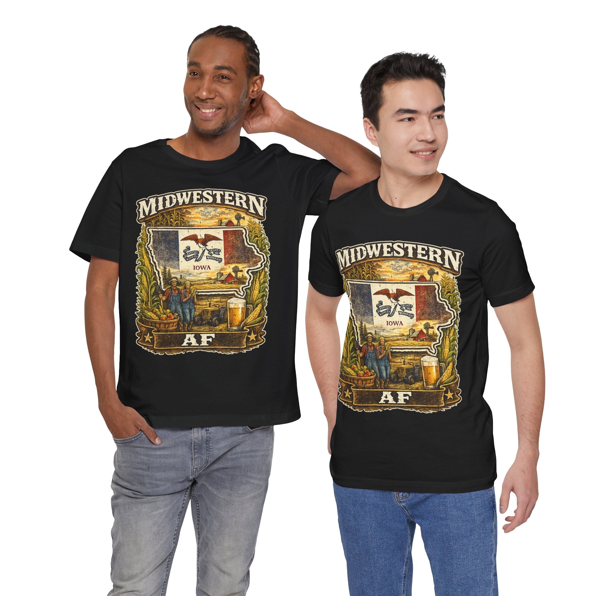 Family Friendly Midwestern AF Iowa T-Shirt – product photo 2 featuring a distressed vintage design featuring the outline of Iowa overlaid with the Iowa state flag, surrounded by towering corn stalks, rolling farmland, a classic red barn, a windmill, a tractor, and an overflowing harvest basket