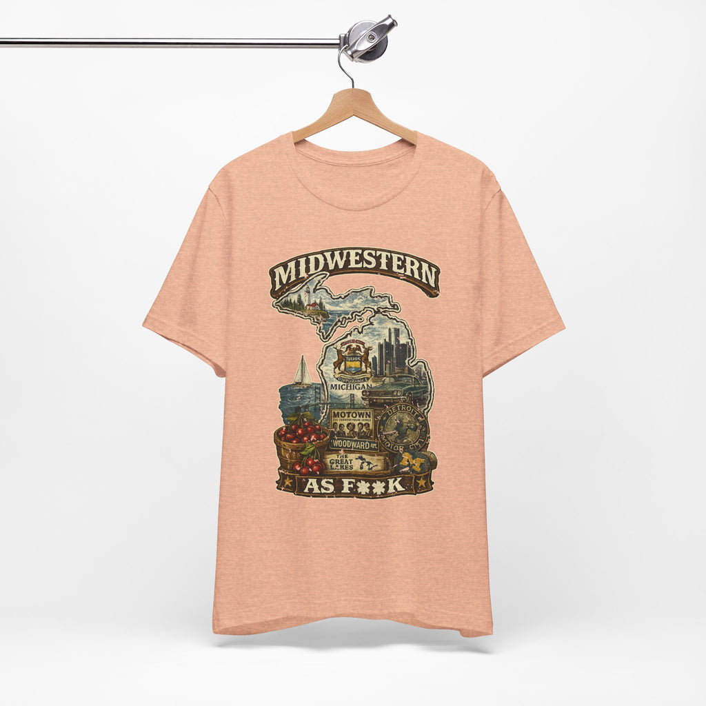 Slightly Salty Midwestern As F**K Michigan T-Shirt – product photo 11 featuring a distressed vintage design featuring Michigan's Upper and Lower Peninsulas overlaid with the state outline, surrounded by Detroit's skyline, Woodward Avenue, the Great Lakes, and Traverse City cherries