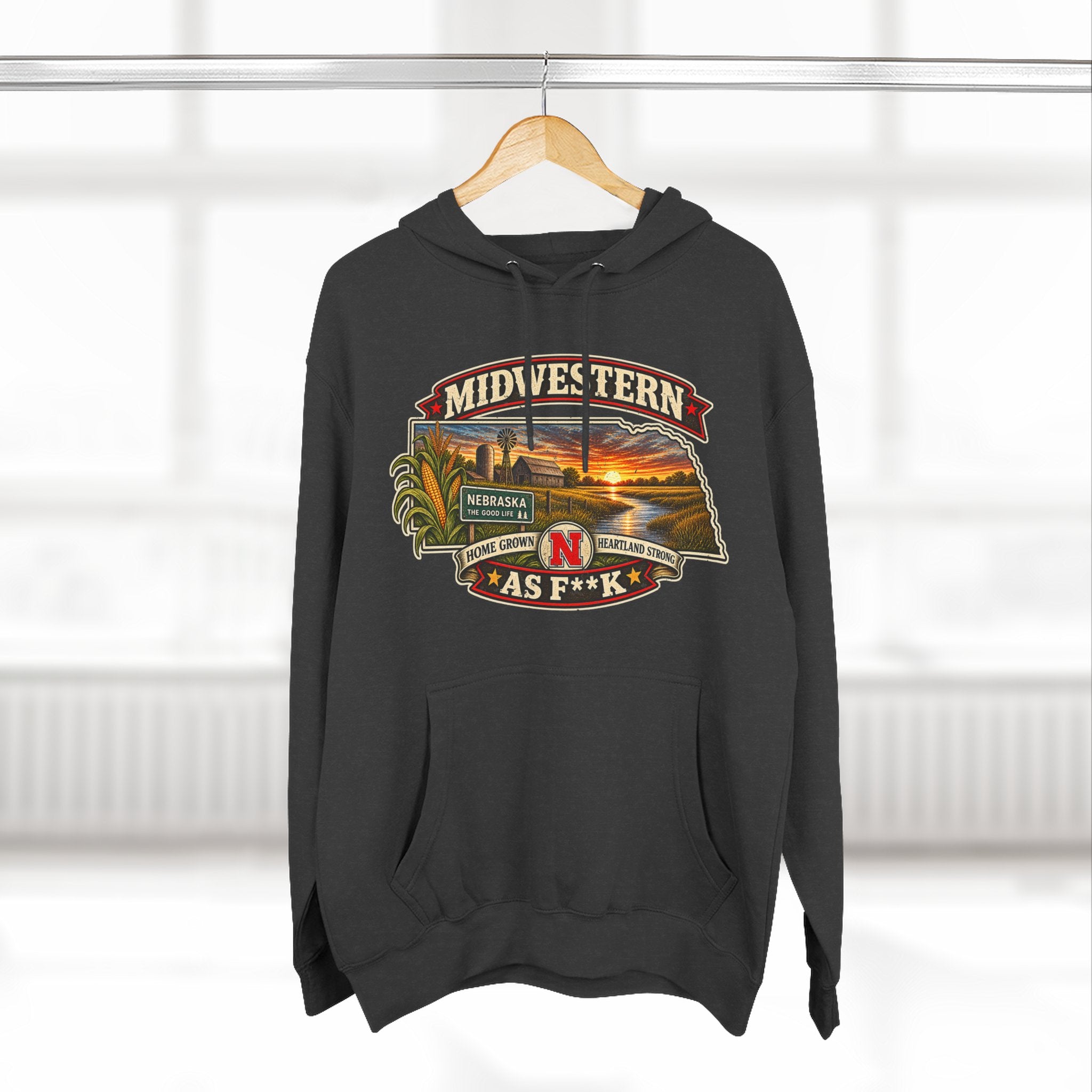 Charcoal heather Nebraska As F**K hoodie on a wooden hanger, front graphic centred