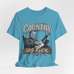 Heather Aqua Country As Fuck tee draped loosely, front graphic facing up