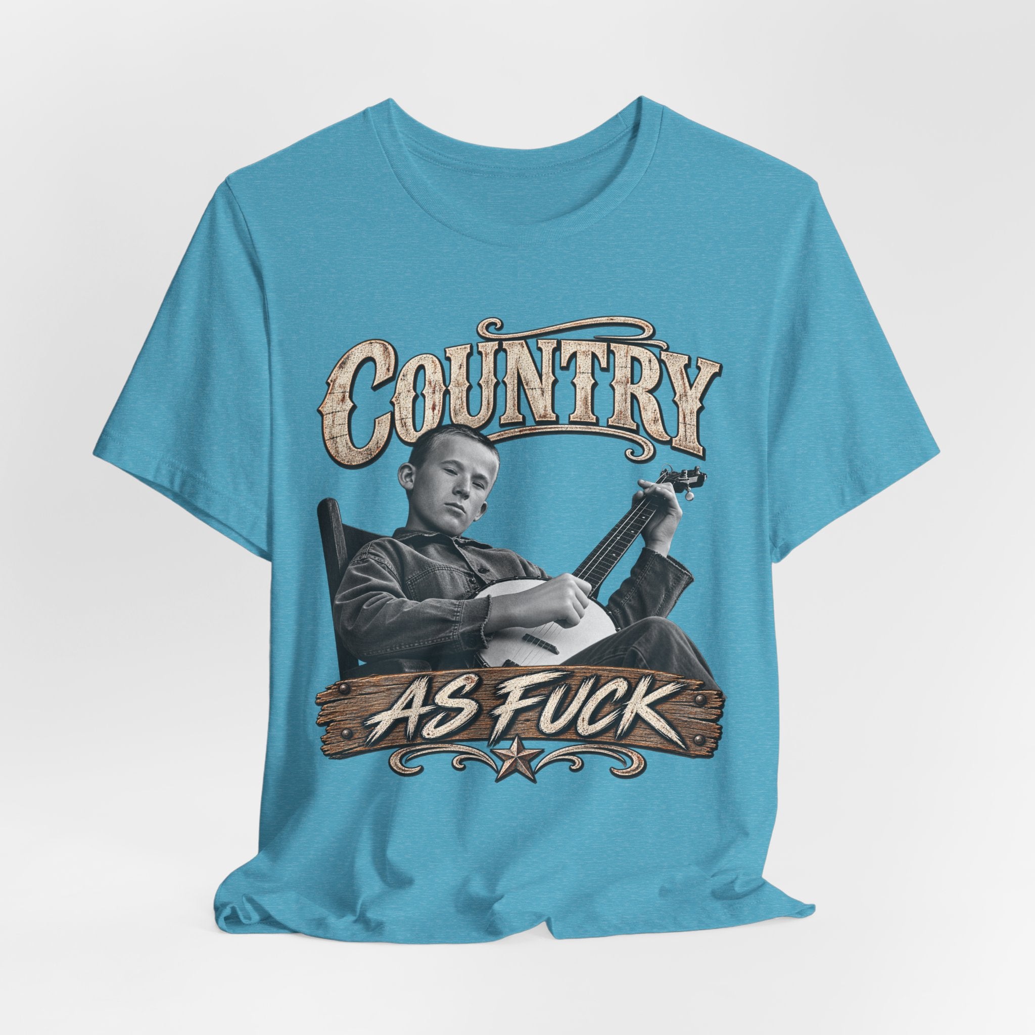 Heather Aqua Country As Fuck tee draped loosely, front graphic facing up