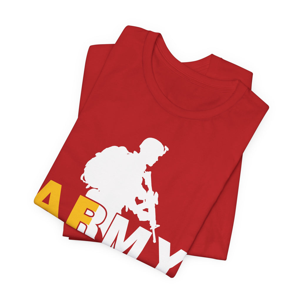 Red Army AF tee folded at an angle, gold AF and white RMY lettering across the fold