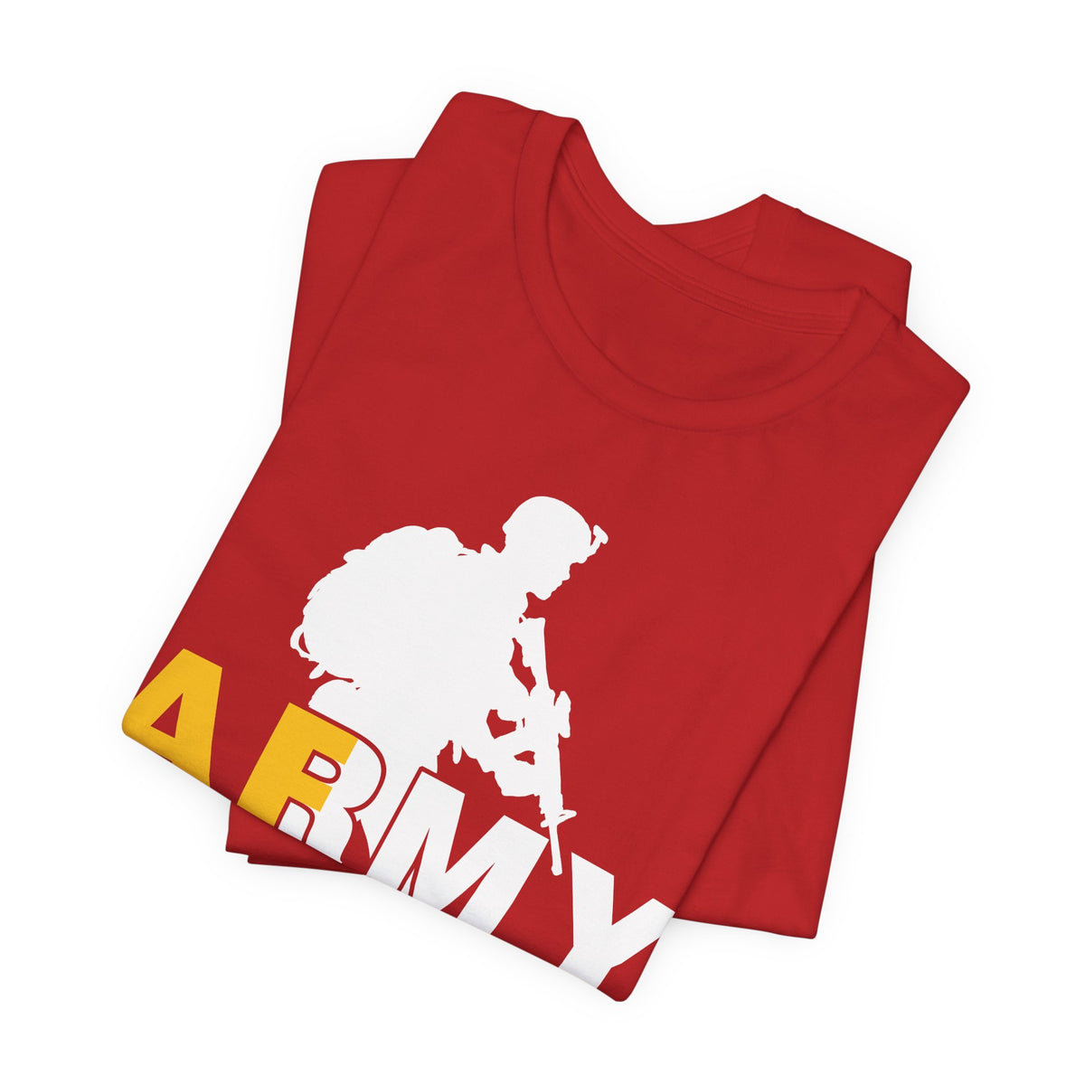 Red Army AF tee folded at an angle, gold AF and white RMY lettering across the fold