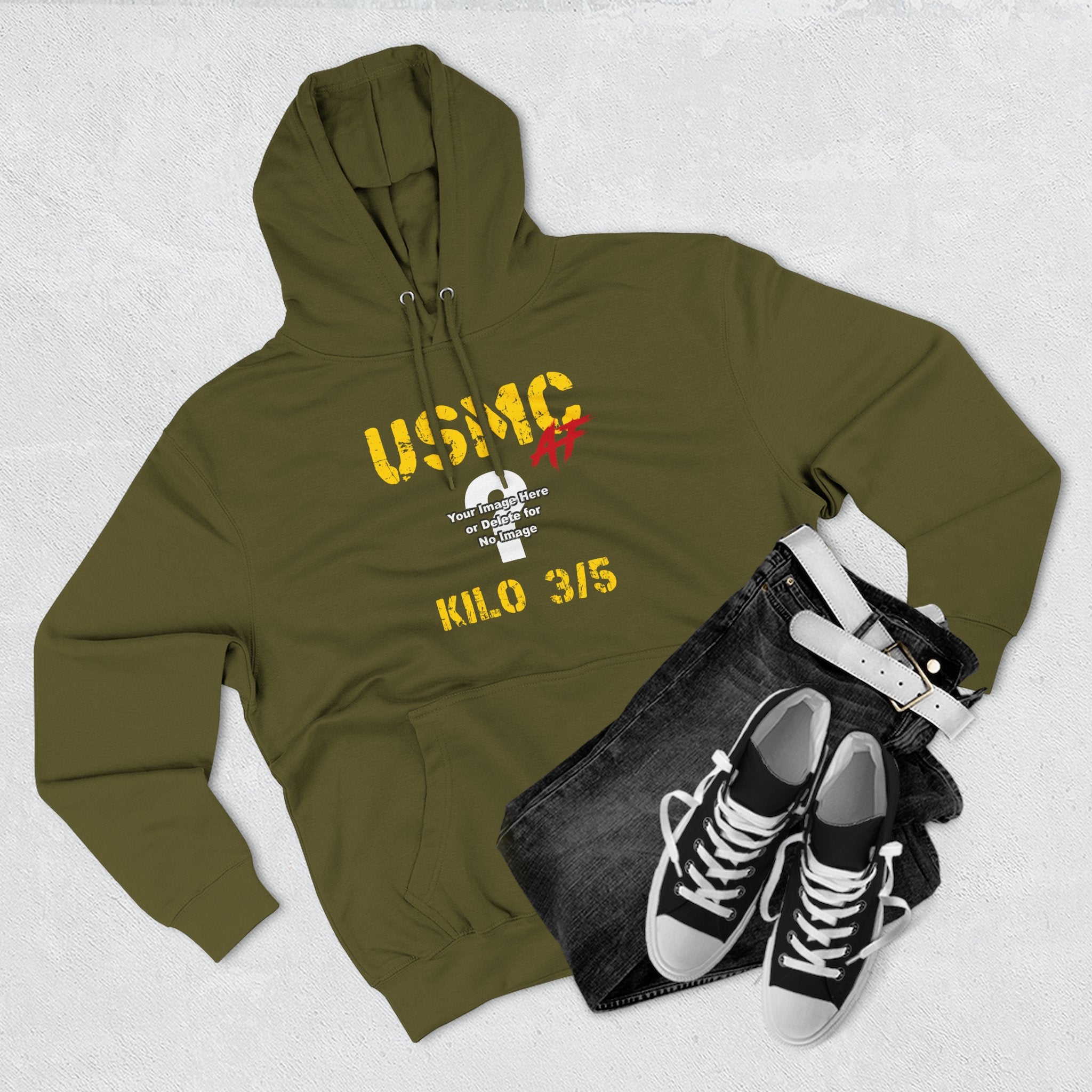 Personalized USMC Marine Corps AF hoodie in Army Green styled flat with denim shorts and black sneakers