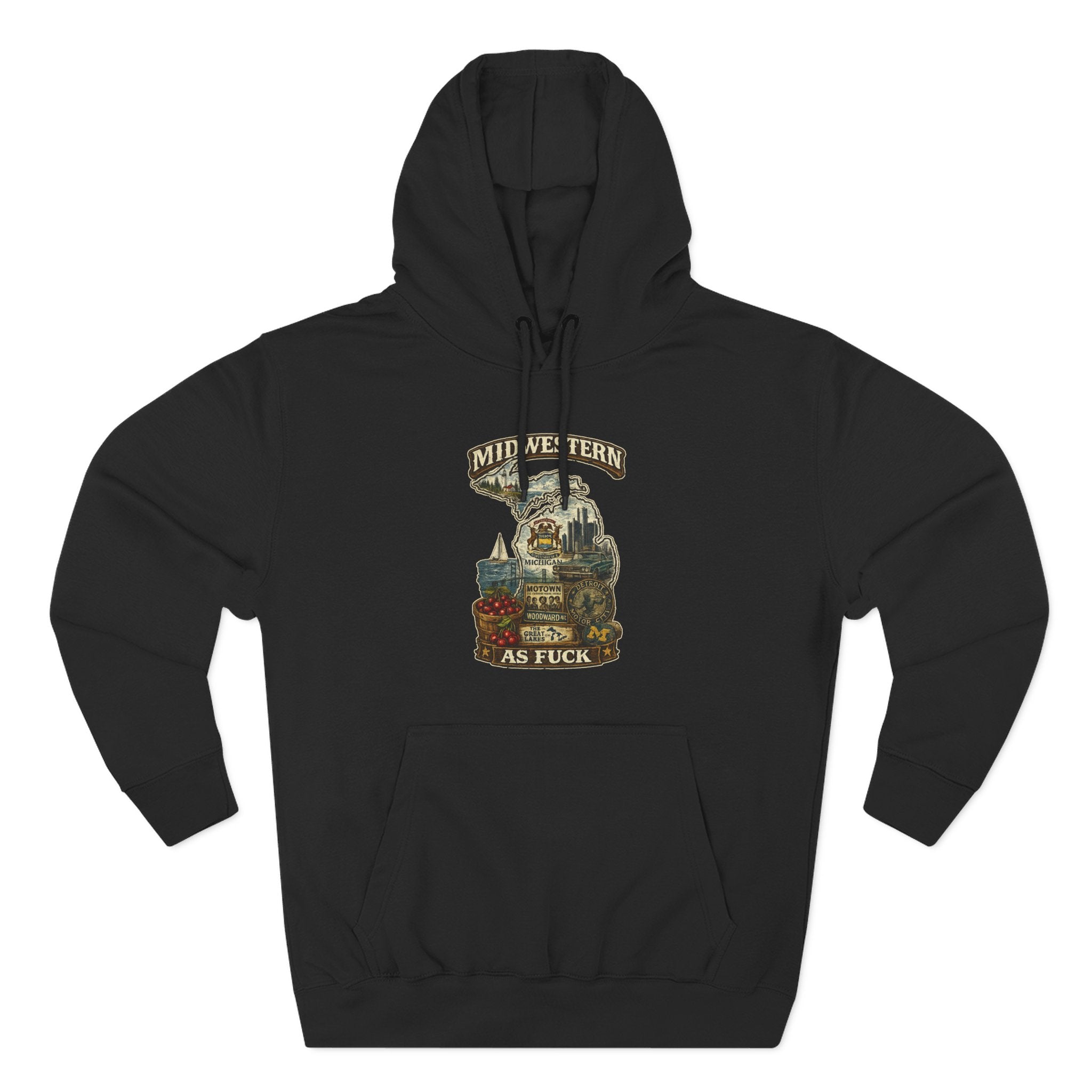 Midwestern As Fuck Michigan Hoodie in Black – a distressed vintage design featuring Michigan's Upper and Lower Peninsulas overlaid with the state outline, surrounded by Detroit's skyline, Woodward Avenue, the Great Lakes, and Traverse City cherries