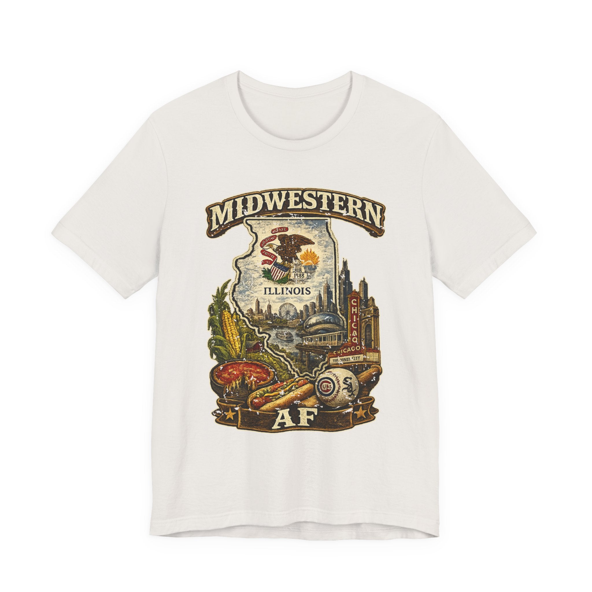 Family Friendly Midwestern AF Illinois T-Shirt in Vintage White – a distressed vintage design featuring the Illinois state outline overlaid with the state flag, surrounded by the Chicago skyline, the Chicago Theatre sign, The Bean, deep-dish pizza, a Chicago-style hot dog, and towering corn fields