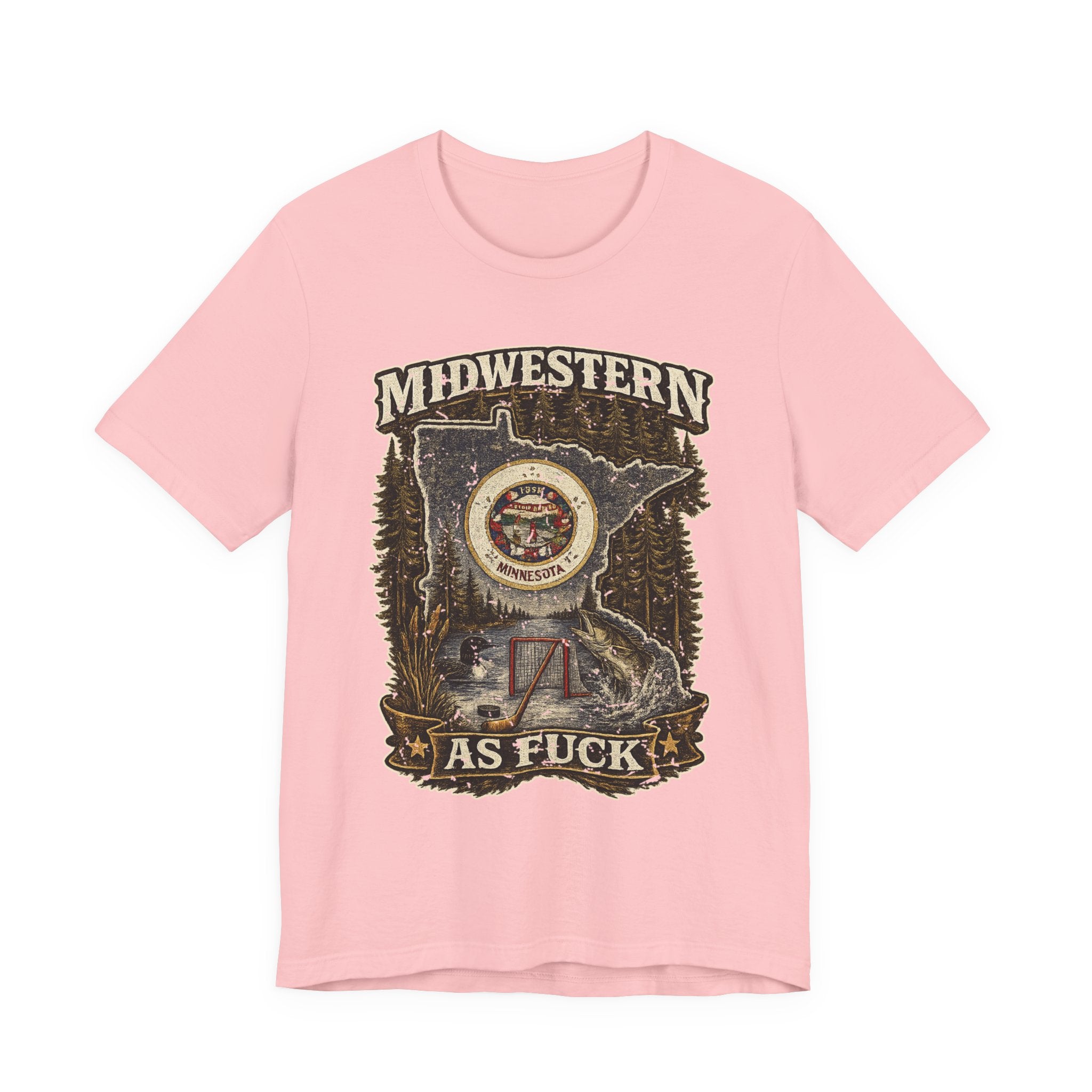 No Filter Midwestern As Fuck Minnesota T-Shirt in Pink – distressed Minnesota state flag design with pine trees, loon and walleye