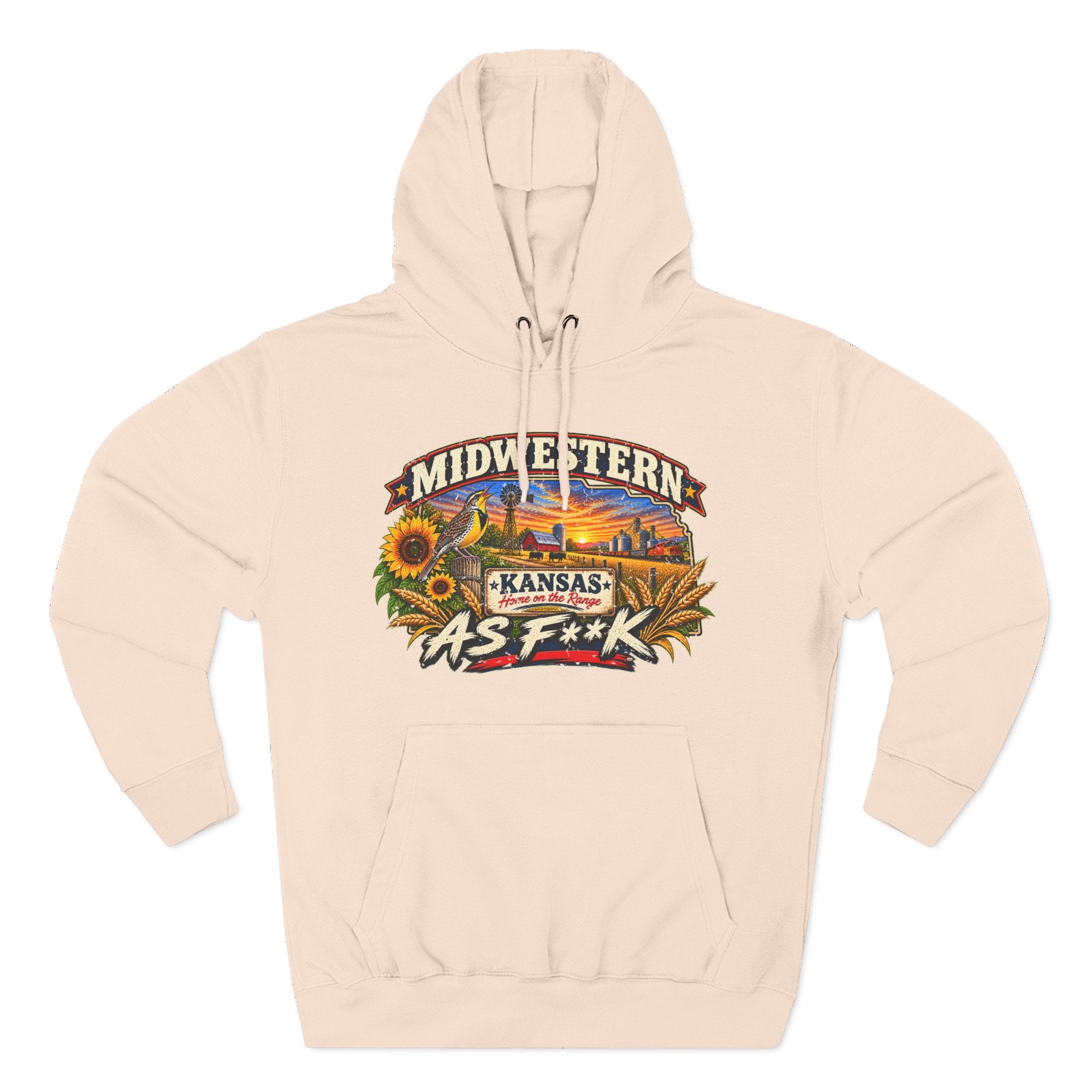 Pale pink Kansas As F**K hoodie laid flat, wheat and sunflowers framing the sunset