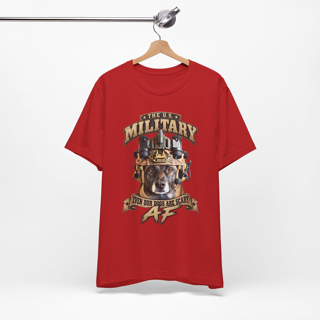 Military K-9 T-shirt in Red shown on a hanger