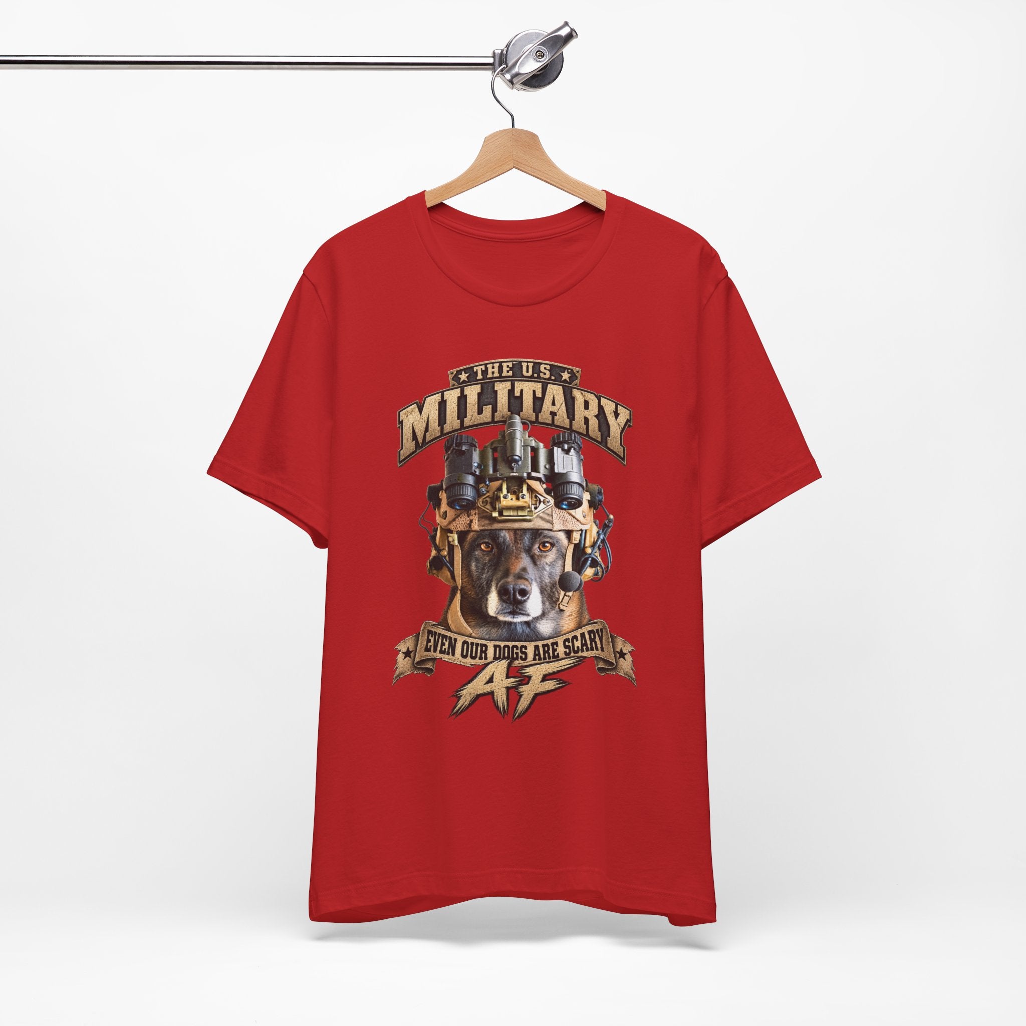 Military K-9 T-shirt in Red shown on a hanger