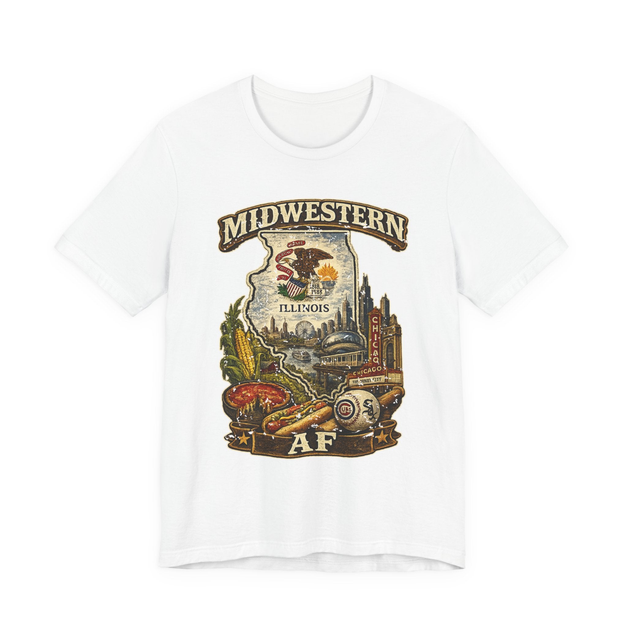 Family Friendly Midwestern AF Illinois T-Shirt in White – a distressed vintage design featuring the Illinois state outline overlaid with the state flag, surrounded by the Chicago skyline, the Chicago Theatre sign, The Bean, deep-dish pizza, a Chicago-style hot dog, and towering corn fields