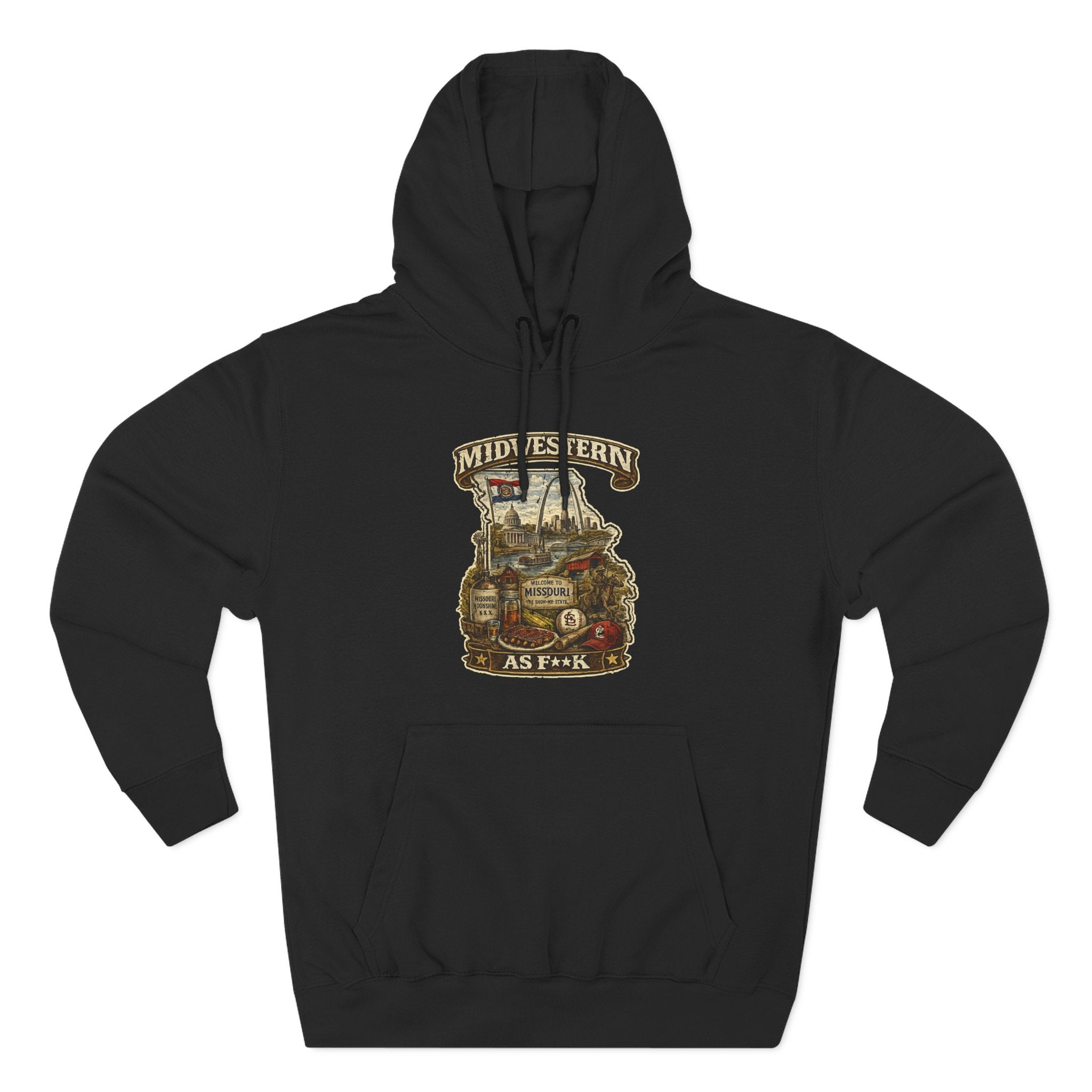 Missouri Midwestern As F**K hoodie in Black laid flat, vintage Show-Me State graphic design