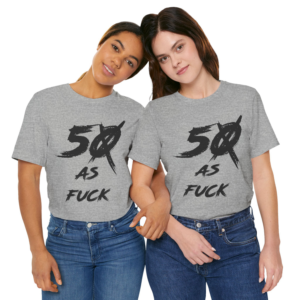 Two women side by side in Athletic Heather tees showing the slashed-zero 50 AS FUCK print