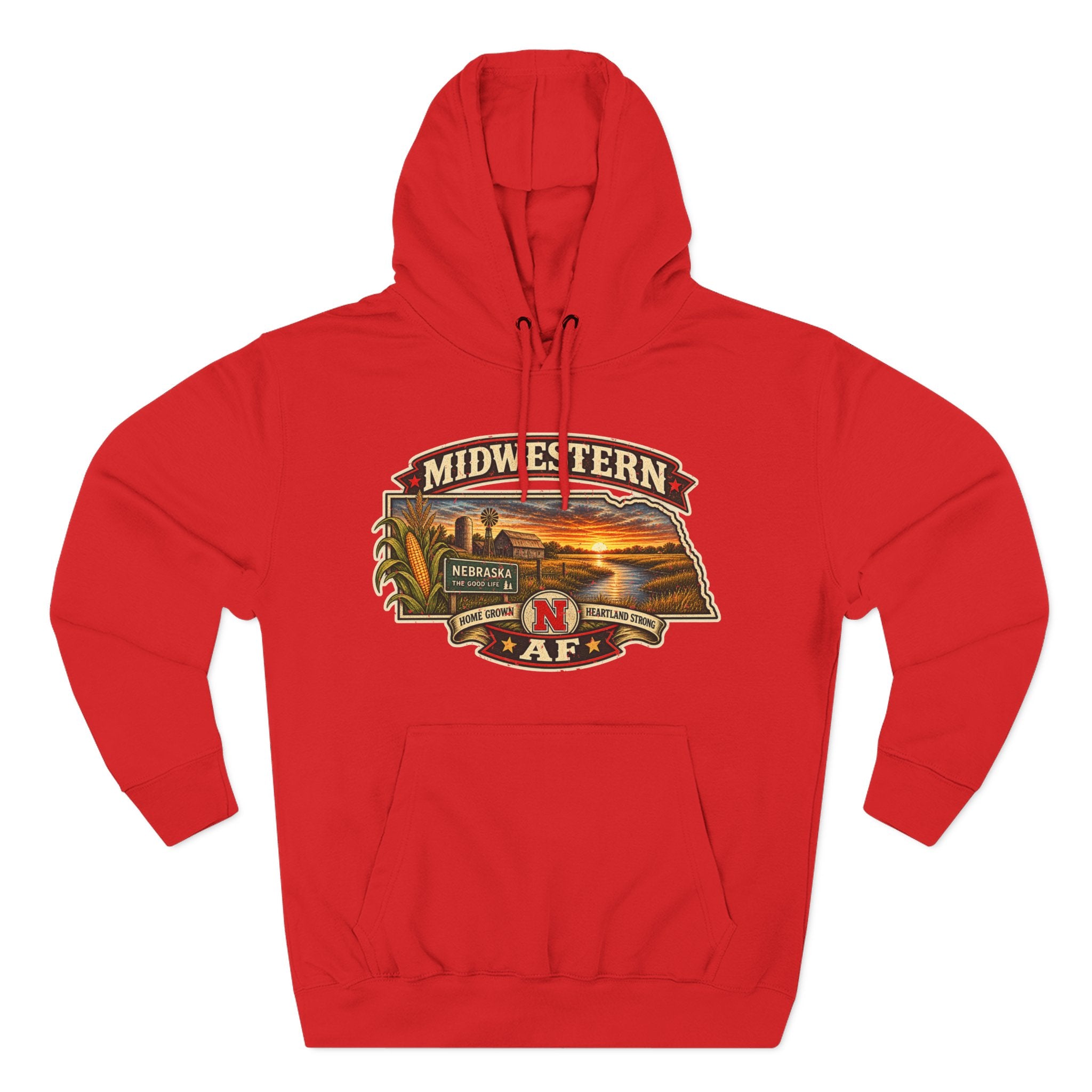 Red Nebraska hoodie laid flat with the Midwestern AF state-shaped sunset farm graphic on the chest