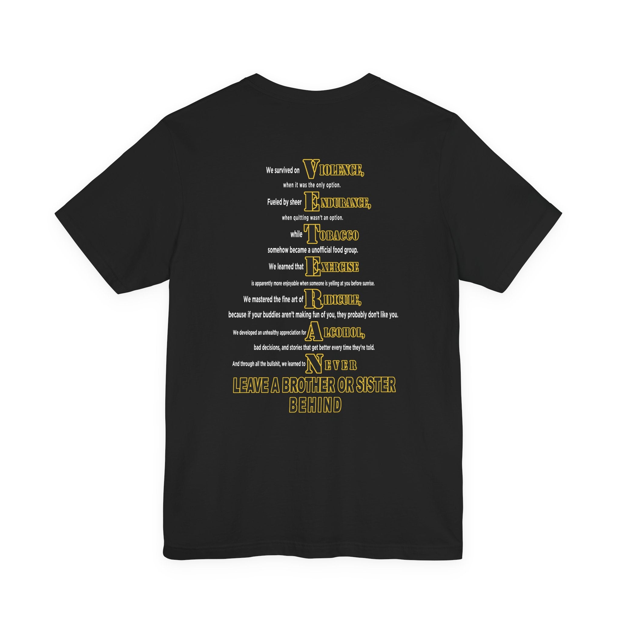 Army veteran T-shirt in Black showing the VETERAN acrostic back print in gold and white
