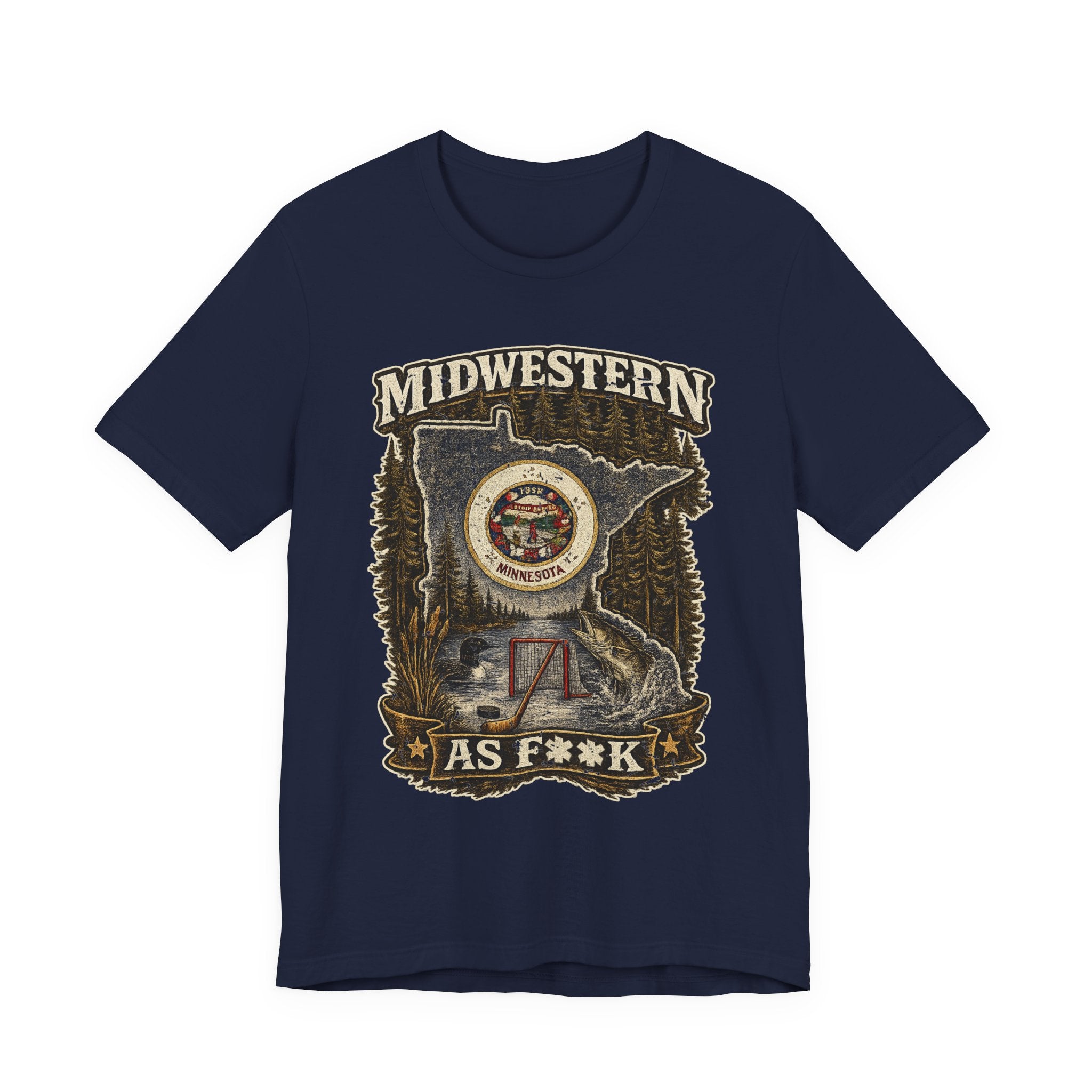 Slightly Salty Midwestern As F**K Minnesota T-Shirt in Navy – distressed Minnesota state flag design with pine trees, loon and walleye