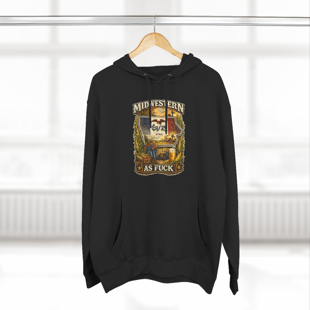Midwestern As Fuck Iowa Hoodie – product photo 5 featuring a distressed vintage design featuring the outline of Iowa overlaid with the Iowa state flag, surrounded by towering corn stalks, rolling farmland, a classic red barn, a windmill, a tractor, and an overflowing harvest basket