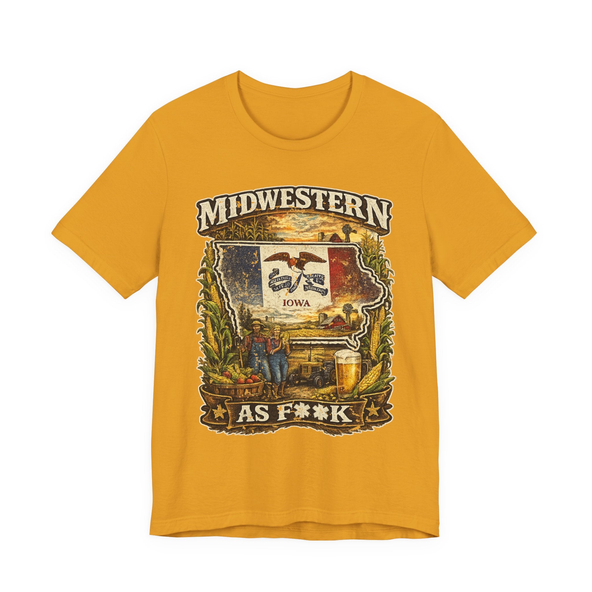 Slightly Salty Midwestern As F**K Iowa T-Shirt in Mustard – a distressed vintage design featuring the outline of Iowa overlaid with the Iowa state flag, surrounded by towering corn stalks, rolling farmland, a classic red barn, a windmill, a tractor, and an overflowing harvest basket