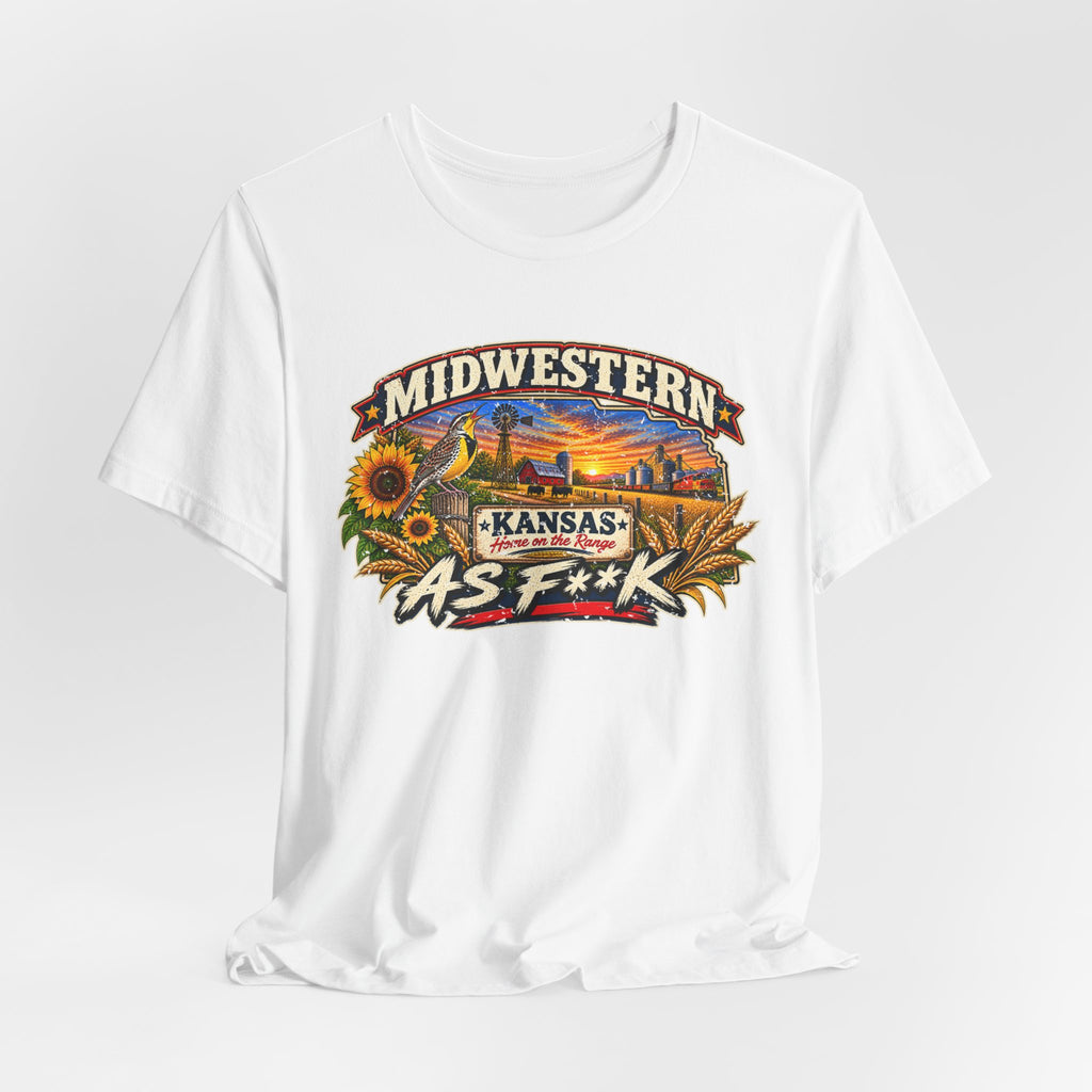 White Kansas As F**K T-shirt draped on grey, front graphic centred