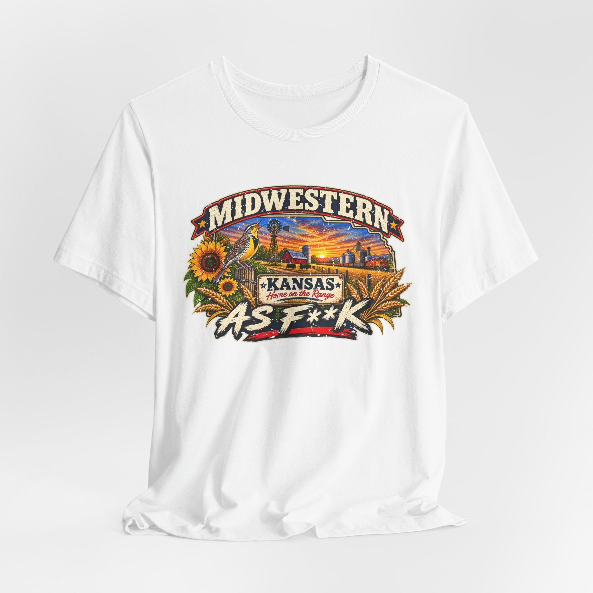 White Kansas As F**K T-shirt draped on grey, front graphic centred