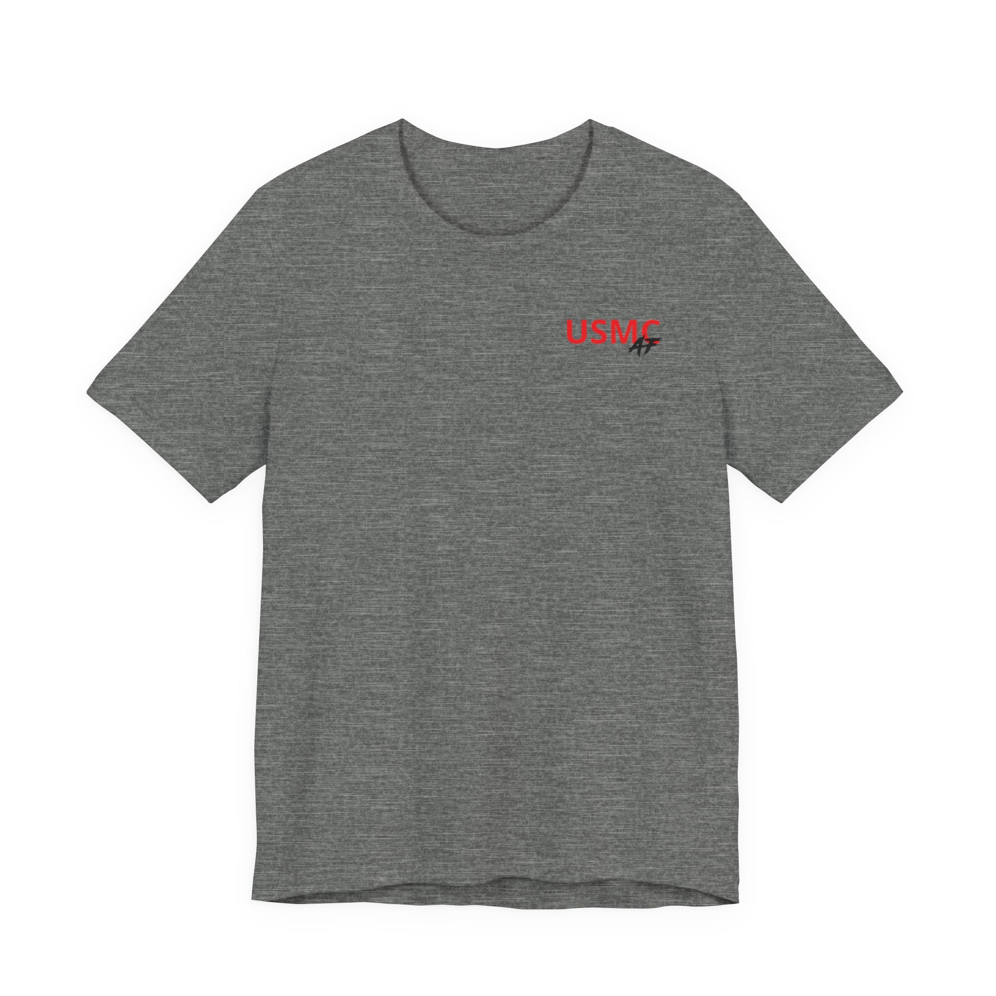 Marine Corps veteran T-shirt in Deep Heather laid flat with the red USMC AF chest print